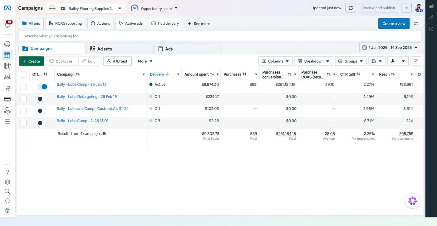Meta Ads Manager campaigns view, 1 Jan to 14 Sep 2026: the main campaign shows $8,974 spent, 869 purchases, $261,184 in purchase value and a 29.1 ROAS