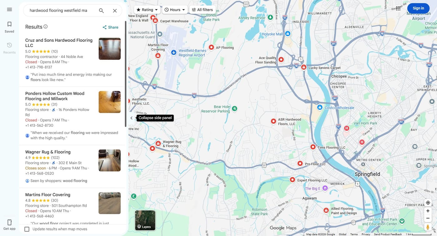 Google Maps results for “hardwood flooring westfield ma” with Cruz and Sons as the first result