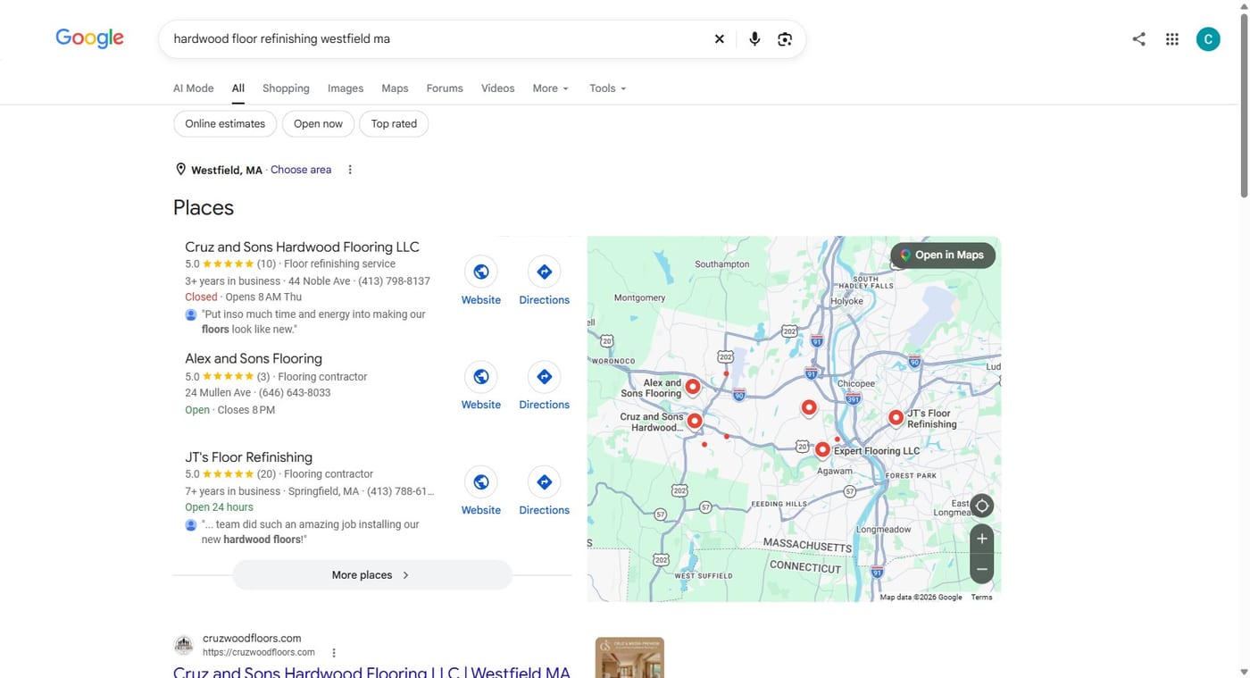Google results for 'hardwood floor refinishing westfield ma': Cruz and Sons Hardwood Flooring LLC first in the Places listings, rated 5.0 from 10 reviews, with cruzwoodfloors.com as the first organic result