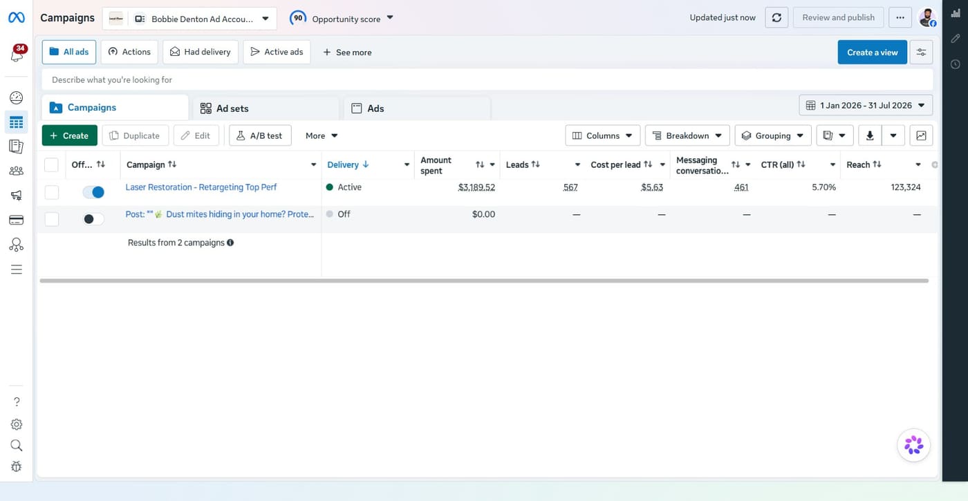 Meta Ads Manager, 1 Jan to 31 Jul 2026: the laser-restoration campaign shows $3,189 spent, 567 leads, a $5.63 cost per lead, 461 messaging conversations and a 5.70% click-through rate