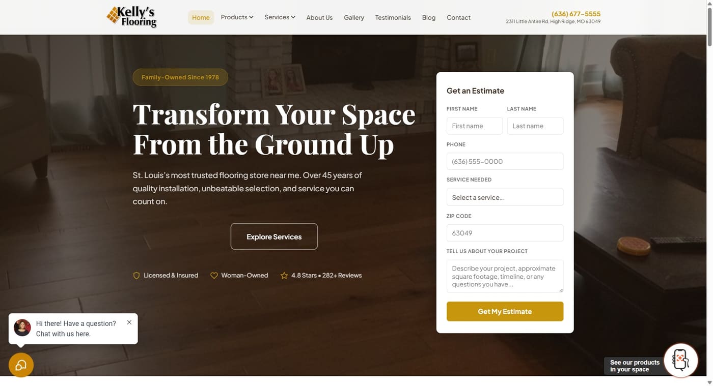 kellysflooring.com home page on desktop