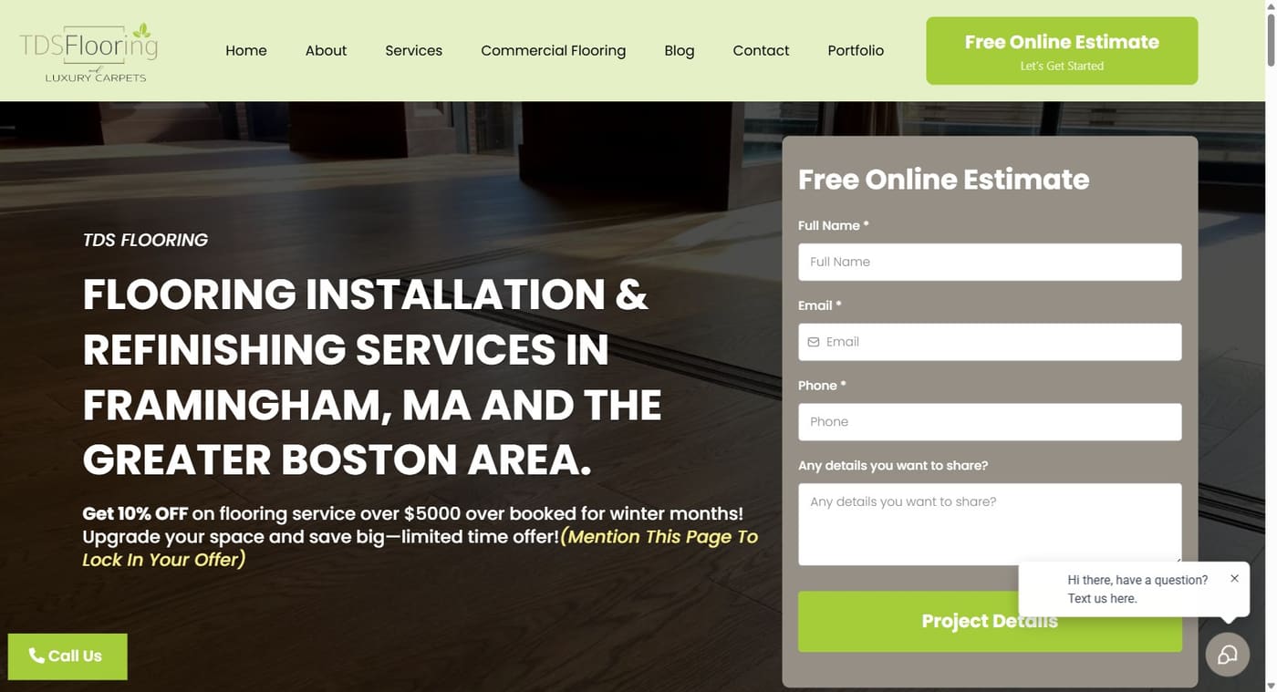 tdsflooring.com home page on desktop