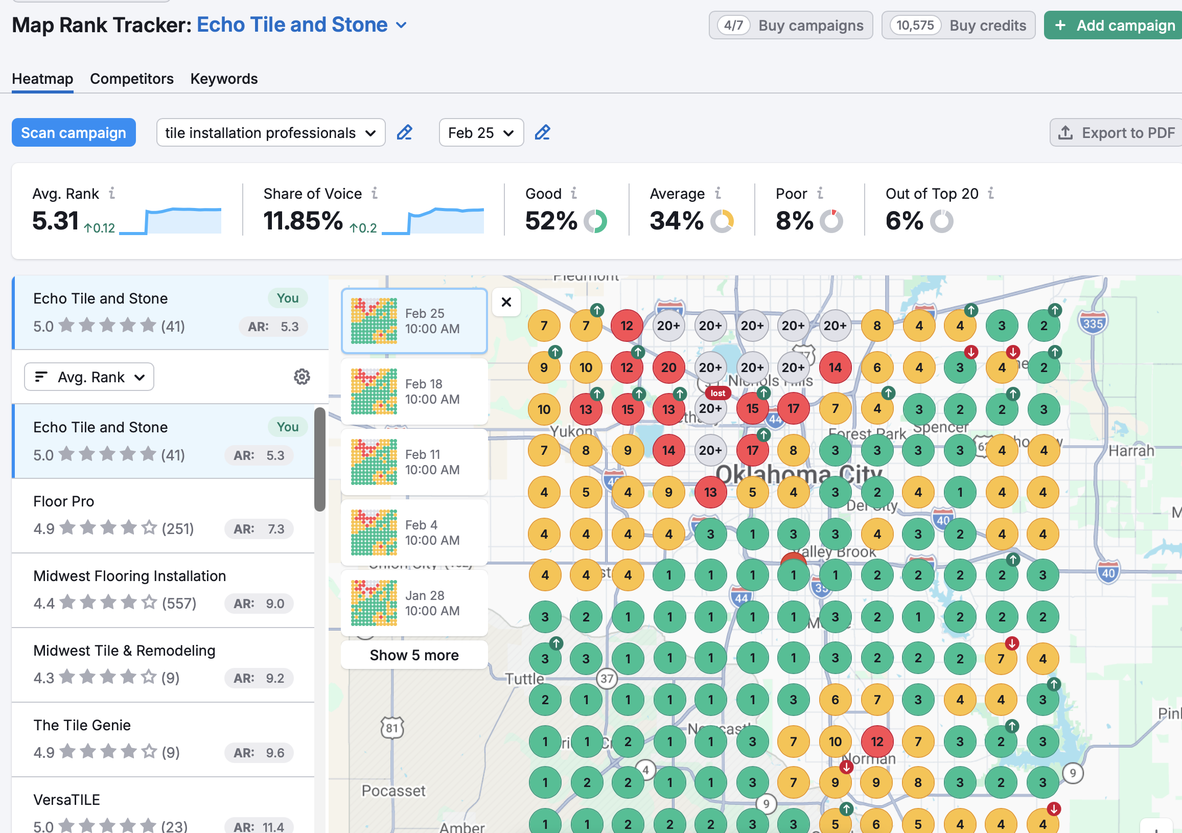 Map Rank Tracker showing top rankings across service area for a local business